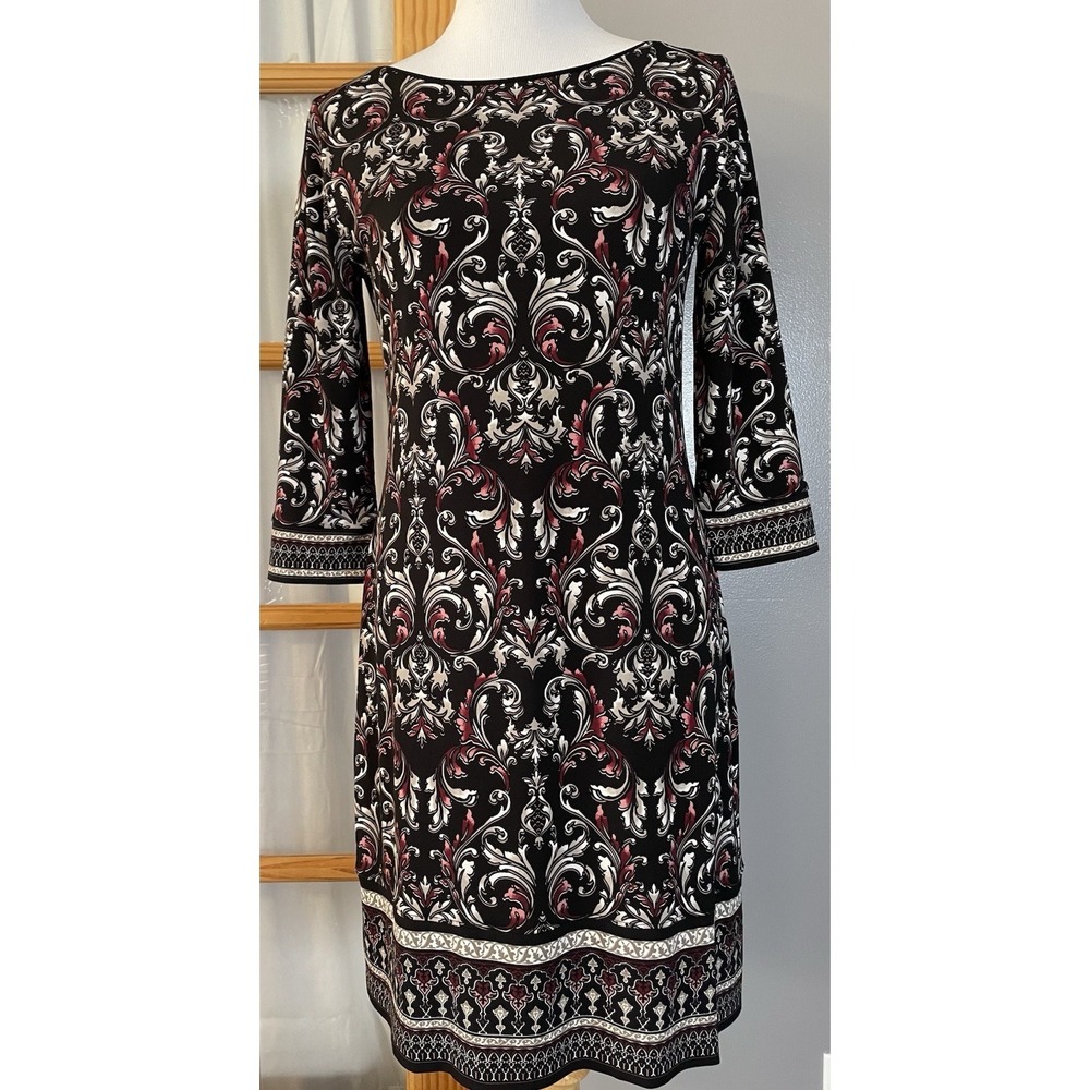 CHICO'S Reversible Slinky Dress M/L Black Beige Pink Filigree 3/4 Sleeve Career